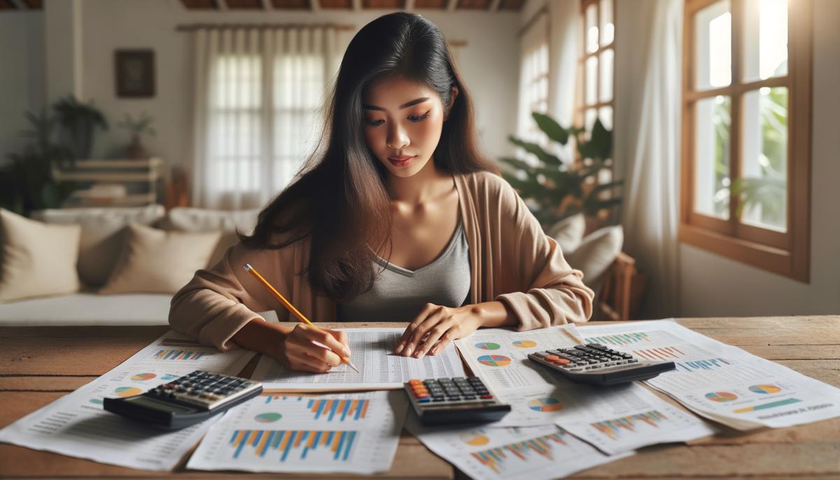 A person charting out their financial plan on a table, surrounded by spreadsheets and calculators